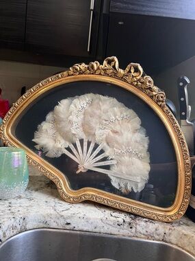 Antique Feather Fan in Ornate Baroque Gold Frame